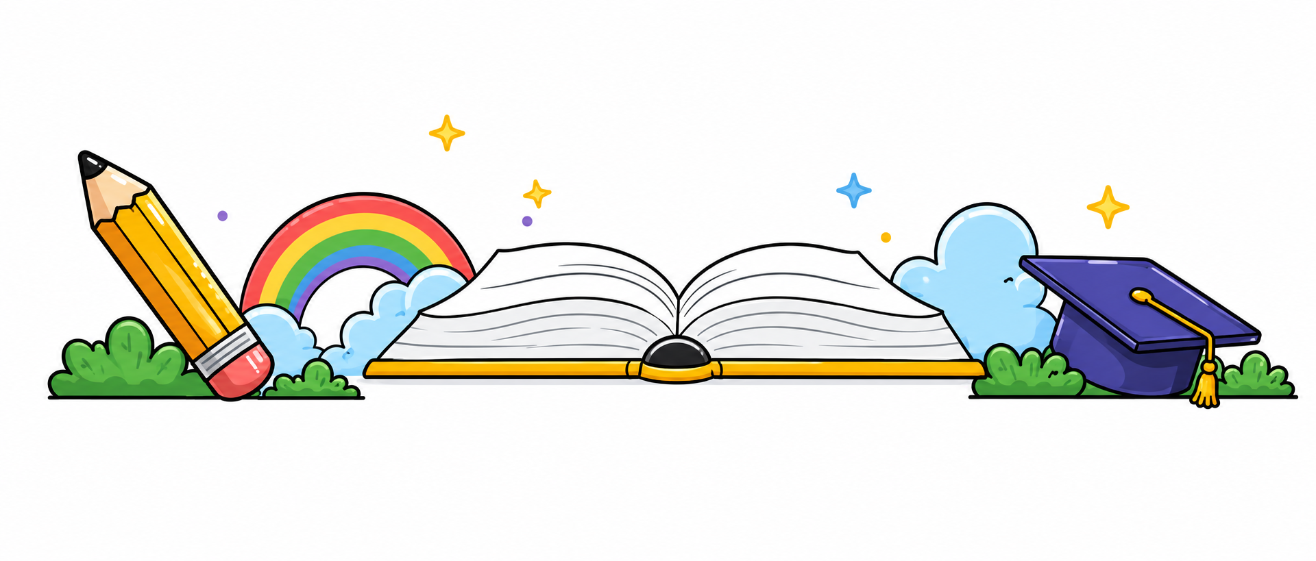 Livro aberto com lápis, arco-íris e chapéu de formatura